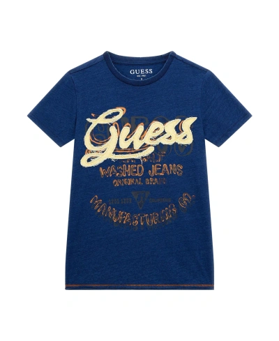 Guess Kids' Big Boys Short Sleeve Acid Wash With Applique And Screen Print T-shirt In Blue