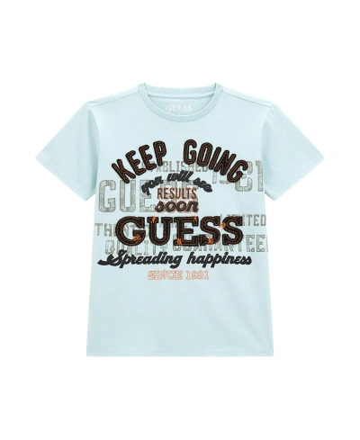 Guess Kids' Big Boys Short Sleeve With Applique Embroidery And Screen Print Verbiage T-shirt In Blue