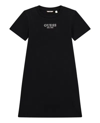 Guess Kids' Big Girl Short Sleeve Rib Dress With Embroidered Logo In Black