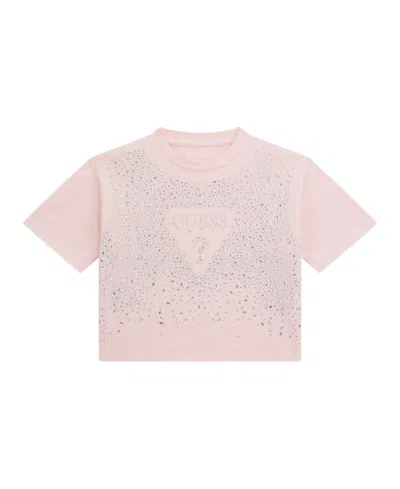 Guess Kids' Big Girl Short Sleeve With Rhinestone Logo T-shirt In Pink