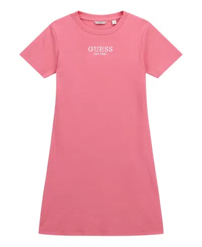 Guess Kids' Big Girl Short Sleeve With Shiny Foil Print Logo Dress In Pink