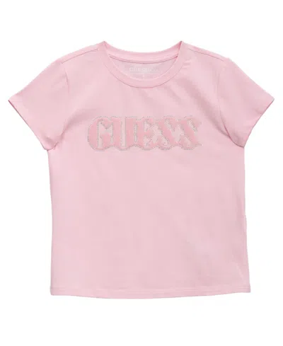 Guess Kids' Big Girl Short Sleeve With Shiny Foil Print Logo T-shirt In Pink