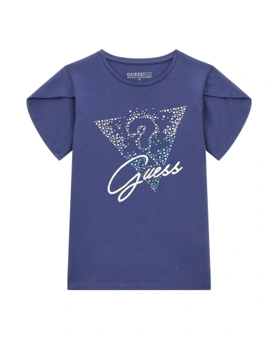 Guess Kids' Big Girls Bling Logo Short Sleeve T-shirt In Blue