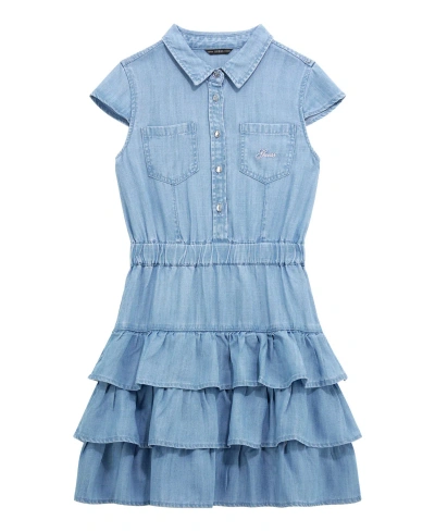 Guess Kids' Big Girls Cap Sleeve Denim Dress With Jewel Button Placket And 3 Tier Ruffle Skirt In Blue