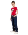 Guess Big Girls Denim 5 Pocket Straight Jeans Triangle Rhinestone Logo T Shirt In Dark Wash
