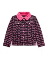 Guess Big Girls Denim Jacket With Faux Fur Collar And Lining In Black And Pink Multi