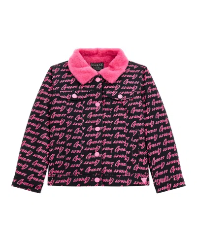 Guess Kids' Big Girls Denim Jacket With Faux Fur Collar And Lining In Black And Pink Multi