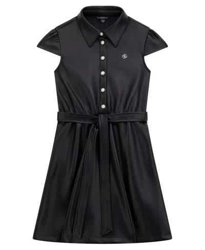 Guess Kids' Big Girls Leather Short Sleeve Dress With Belt In Blue