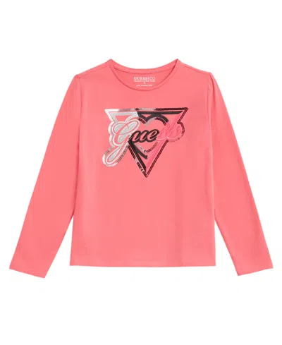 Guess Kids' Big Girls Long Sleeve Embroidered Sequin Logo T-shirt In Pink