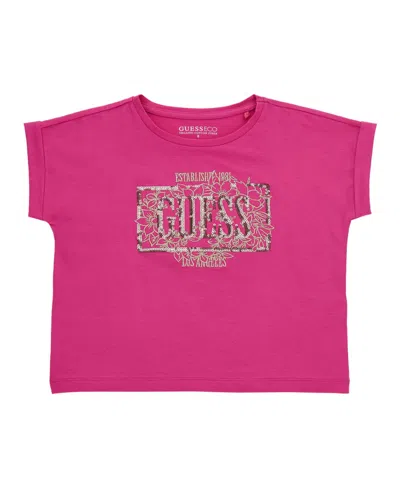 Guess Kids' Big Girls Midi Short Roll Cuff Sleeve T-shirt In Pink