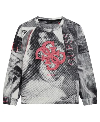 Guess Kids' Big Girls Newspaper Collage Scuba Long Sleeve Sweatshirt In Black