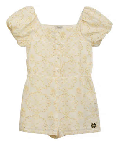 Guess Kids' Big Girls Puff Sleeve Sangallo Romper In Mixed Pineapple Yellow
