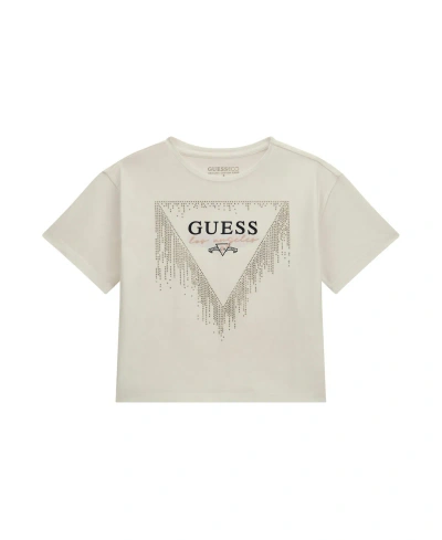 Guess Kids' Big Girls Short Sleeve Logo T-shirt With Rhinestone, Embroidered And Screen Print Logo In White