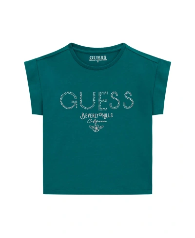 Guess Kids' Big Girls Short Sleeve T-shirt With  Heat Seal Rhinestone Logo In Green