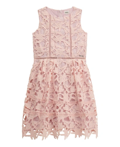 Guess Kids' Big Girls Sleeveless All Over Lace Lined Dress With Metal Placket Logo In Pink