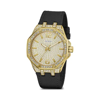Guess Black Fabric Watch In Gold