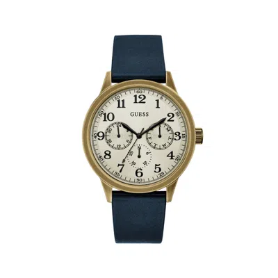 Guess Blue Leather Watch In Gold