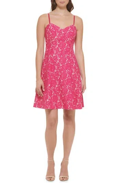 Guess Bonded Lace Fit & Flare Dress In Hot Pink/nude | ModeSens