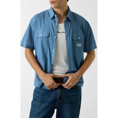 Guess Boxi Crop Short Sleeve Cotton Button-up Shirt In Blue