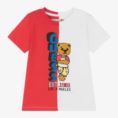 Guess Babies' Boys Red & White Cotton Bear T-shirt In Multi