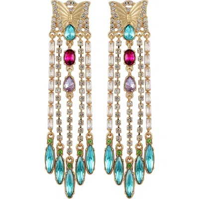 Guess Butterfly Crystal Linear Drop Earrings In Gold