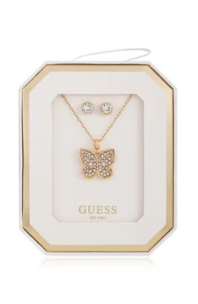 Guess Butterfly Pendant Necklace & Stud Earrings Set In Gold