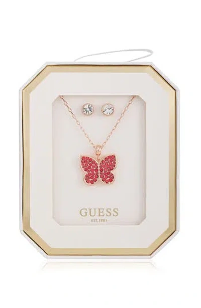Guess Butterfly Pendant Necklace & Stud Earrings Set In Gold