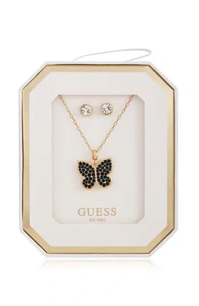 Guess Butterfly Pendant Necklace & Stud Earrings Set In Gold