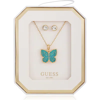 Guess Butterfly Pendant Necklace & Stud Earrings Set In Gold