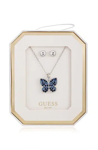 Guess Butterfly Pendant Necklace & Stud Earrings Set In Metallic