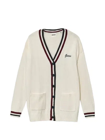 Guess Kids' Buttoned V-neck Cardigan In White