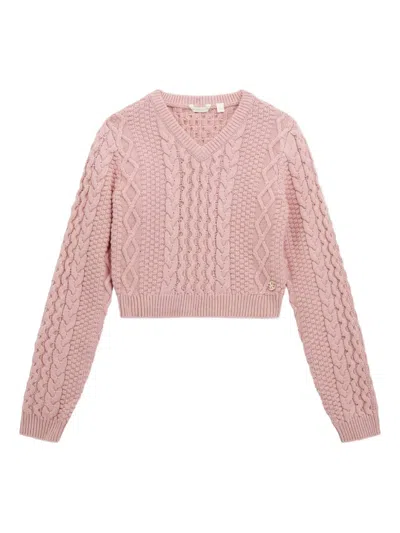 Guess Cable-knit V-neck Sweater In Pink
