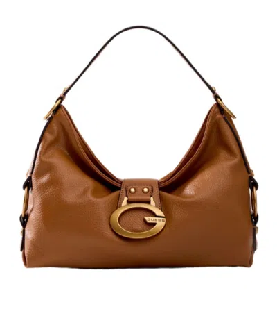 Guess Camden Logo-plaque Pebbled Midi Shoulder Bag In Brown