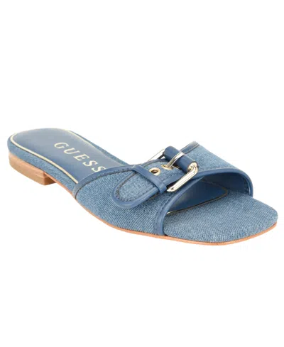 Guess Camryna Buckle Open-toe Suede Flat Sandals In Blue
