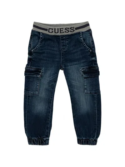 Guess Kids' Cargo-pocket Logo-waistband Jeans In Blue