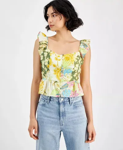 Guess Carine Top Womens Beige Gold Floral Peplum Hem Ruffled Straps Fts1139 In Multi