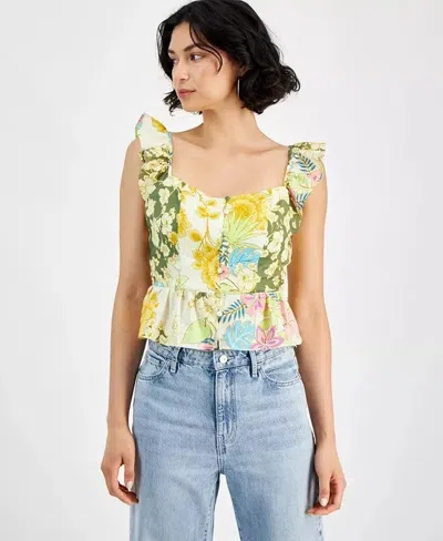 GUESS CARINE TOP WOMENS BEIGE GOLD FLORAL PEPLUM HEM RUFFLED STRAPS FTS1257