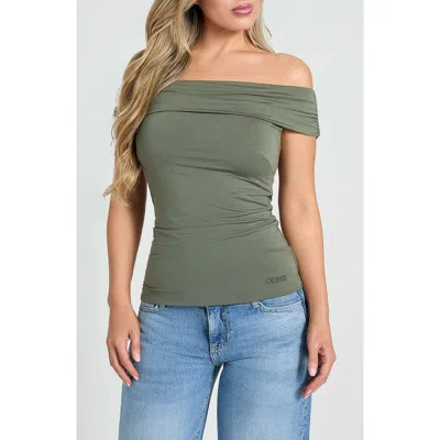 Guess Charlotte Off The Shoulder Top In Green Plant