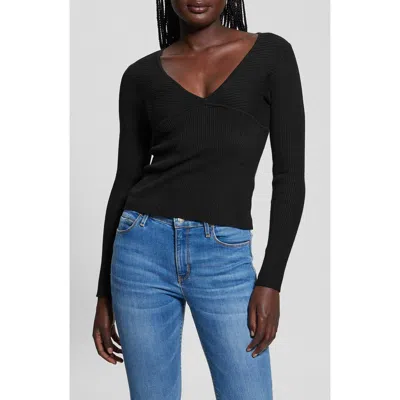 Guess Cirila V-neck Rib Sweater In Jet Black