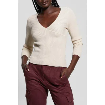 Guess Cirila V-neck Rib Sweater In Pearl Oyster