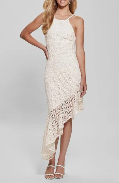 Guess Claudia Floral Stitch Asymmetric Maxi Dress In Dove White