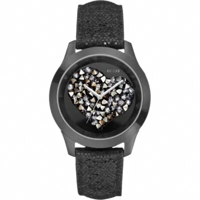 Pre-owned Guess Clearly Heart Analogue Quartz Black Leather Strap Ladies Watch W0113l4