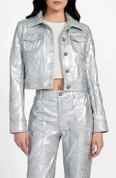 Guess Clelia Embroidered Metallic Faux Leather Jacket In Gray