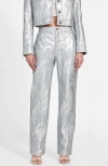 Guess Clelia Embroidered Metallic Faux Leather Straight Leg Pants In Silver