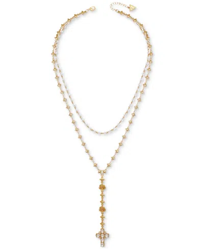 Guess Color Stone & Imitation Pearl Cross Layered Lariat Necklace, 24" + 2" Extender In Two-tone