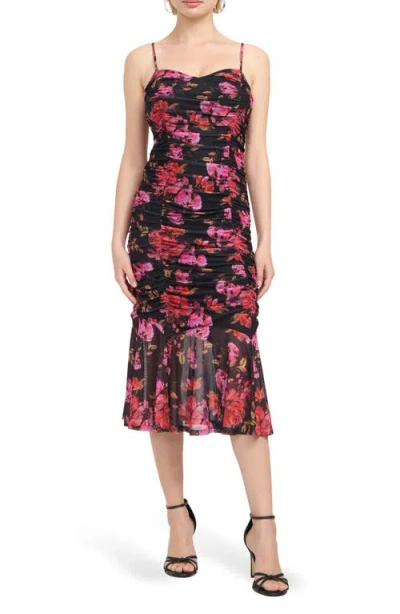 Guess Cordelia Floral Ruched Stretch Mesh Cocktail Dress In Multi