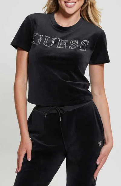 Guess Couture Embellished Crop Velvet T-shirt In Jet Black