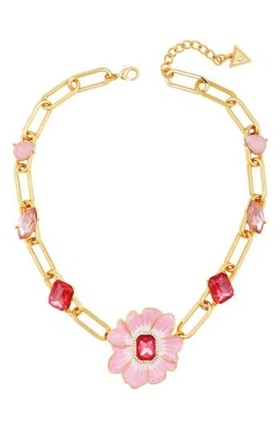 Guess Crystal & Enamel Flower Chain Necklace In Gold