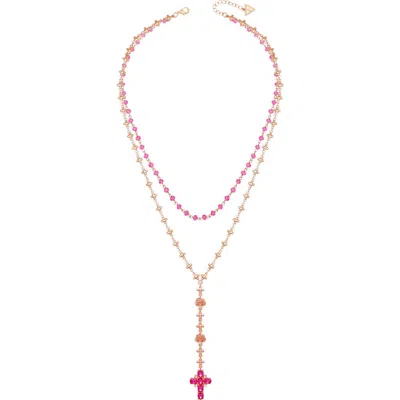 Guess Crystal Cross Charm Layered Necklace In Gold