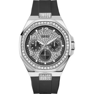 Guess Crystal Detail Multifunction Silicone Strap Watch, 46mm In Black